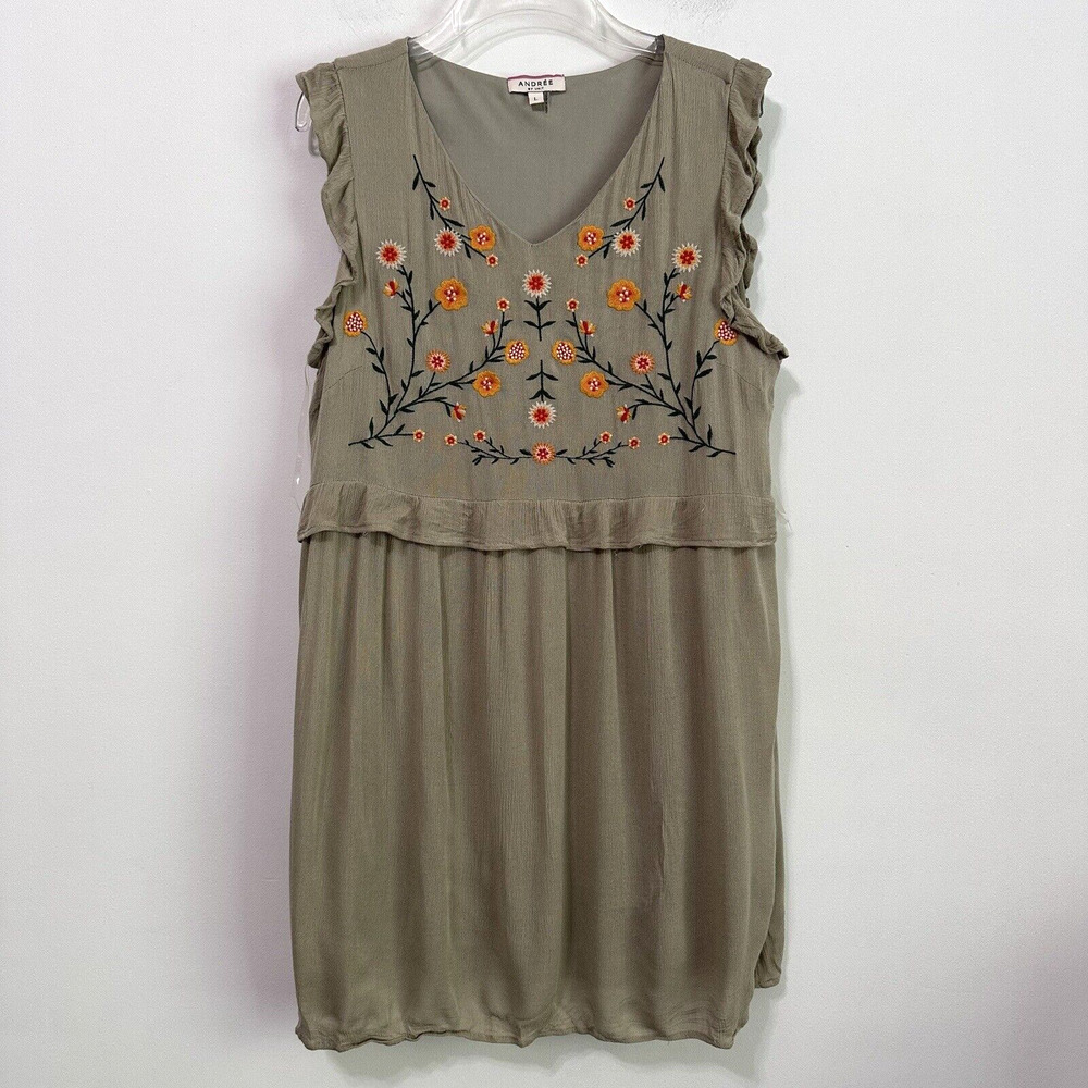 Andree By Unit Embroidered Mini Dress L Sage Green Sleeveless V Neck Lined FLAW